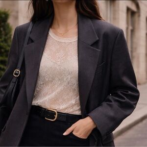 Antistar Cream Lace Shirt, Short Sleeve Top, Sheer, US M.